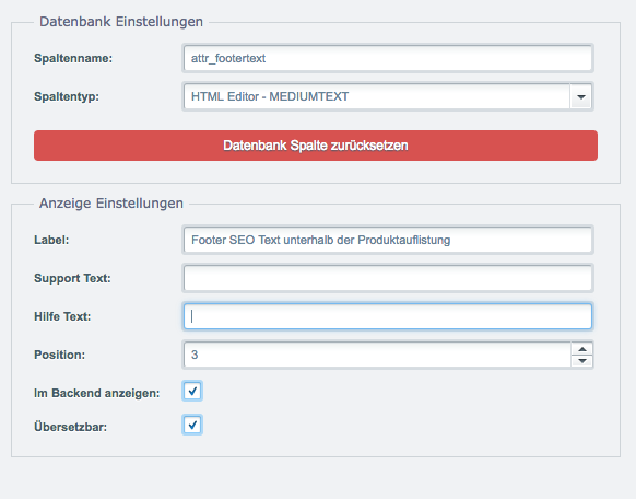 Datenbank-Einstellungen fuer Freitextfelder in Shopware