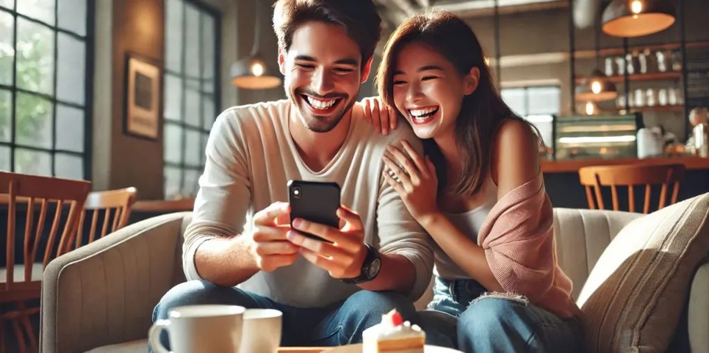 Junges Paar sitzt lächelnd auf einem Sofa in einem Café und schaut gemeinsam auf ein Smartphone. Beide wirken begeistert und verbunden. Im Vordergrund stehen Kaffee und Kuchen – sinnbildlich für positive Emotionen beim digitalen Shopping-Erlebnis.
