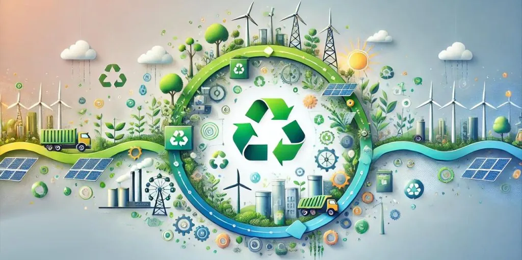 Illustration eines nachhaltigen Wirtschaftskreislaufs mit zentralem Recycling-Symbol, umgeben von Windrädern, Solarpanels, grünen Lieferfahrzeugen, Pflanzen und Produktionsanlagen. Zahnräder, Wolken und Sonnen-Icons symbolisieren Energiewandel, Kreislaufwirtschaft und grüne Technologien im E-Commerce.