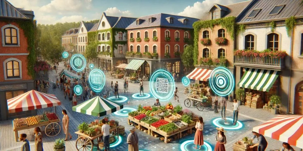 Lebendiger Wochenmarkt in einem charmanten Altstadtviertel mit Verkaufsständen, Gemüsekisten und Fachwerkhäusern. Digitale Hologramme, QR-Codes und leuchtende Interfaces überlagern die Szene – als visuelle Verbindung von analogem Marktplatz und digitaler Infrastruktur in Mikrokommunen.