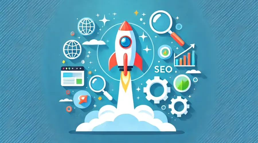 Illustration einer startenden Rakete, umgeben von Symbolen für SEO: Zahnräder, Lupen, Weltkugeln, Diagramme und Webseiten-Icons. Die Rakete steht sinnbildlich für den Aufschwung durch barrierefreie Optimierung im digitalen Raum.