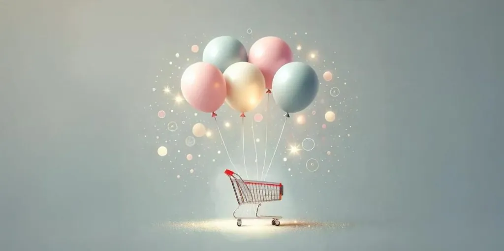Schwebender Einkaufswagen, der von sechs pastellfarbenen Luftballons getragen wird. Umgeben von funkelnden Lichtpunkten und Kreisen auf hellem Hintergrund – als sinnbildliche Darstellung für Leichtigkeit, Aufbruch und neue Entwicklungen im E-Commerce.