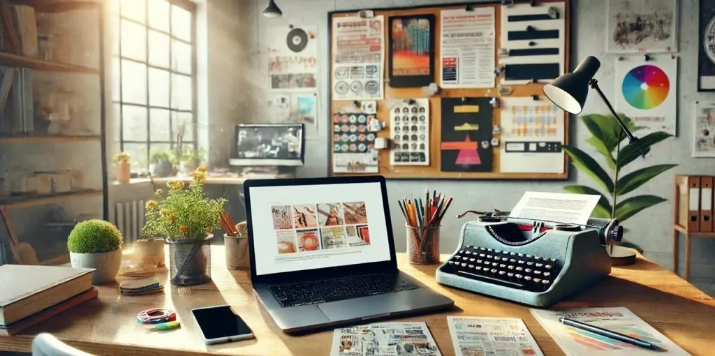 Kreatives Arbeitsumfeld mit Laptop und Schreibmaschine nebeneinander auf einem Schreibtisch – Symbol für das Zusammenspiel von digitalem und analogem Marketing. Im Hintergrund: Moodboards, Farbschemata und Retro-Grafiken an der Wand, Pflanzen und Sonnenlicht verleihen dem Raum eine warme Atmosphäre.