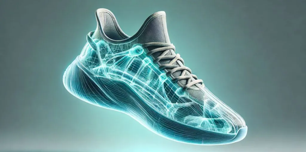 Visualisierung eines Sportschuhs mit transparenter, digital leuchtender Struktur. Der Schuh schwebt vor neutralem Hintergrund und wirkt halb physisch, halb virtuell – als Symbol für maximale Nachvollziehbarkeit in Produktdesign und Lieferkette.