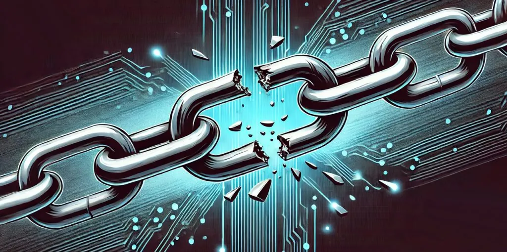 Symbolhafte Darstellung digitaler Unabhängigkeit: Eine massive Metallkette reißt in der Mitte, dahinter ein leuchtendes digitales Schaltkreis-Muster – als Metapher für das Durchbrechen technologischer Abhängigkeiten.
