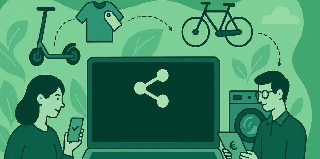 Illustration zum Prinzip „Pay-per-Use“ im E-Commerce: Eine Frau und ein Mann stehen mit Smartphone und Tablet vor einem großen Bildschirm mit „Teilen“-Symbol. Um sie herum schweben Symbole für gemeinsam genutzte Produkte wie E-Scooter, T-Shirt, Fahrrad und Waschmaschine. Grüne Farbwelt mit Pflanzenmotiv symbolisiert Nachhaltigkeit.