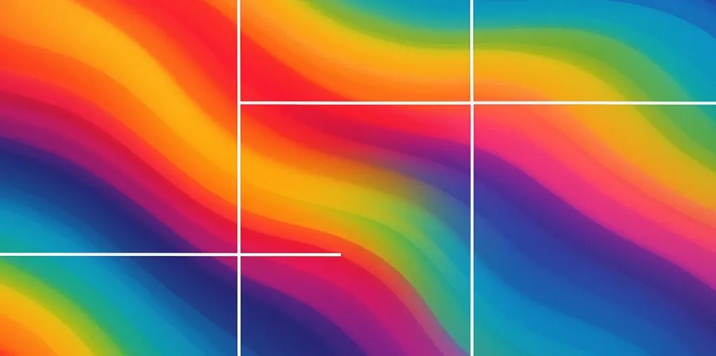 Artikelbild zum Text: Queer Commerce. Zu sehen ist ein Abstraktes, horizontales Farbverlaufbild mit fließenden Wellen in Regenbogenfarben – von Rot über Orange, Gelb, Grün und Blau bis Violett. Weiße Linien bilden ein unscharfes Raster darüber, das visuell an ein zerschnittenes Bildschirmraster erinnert.