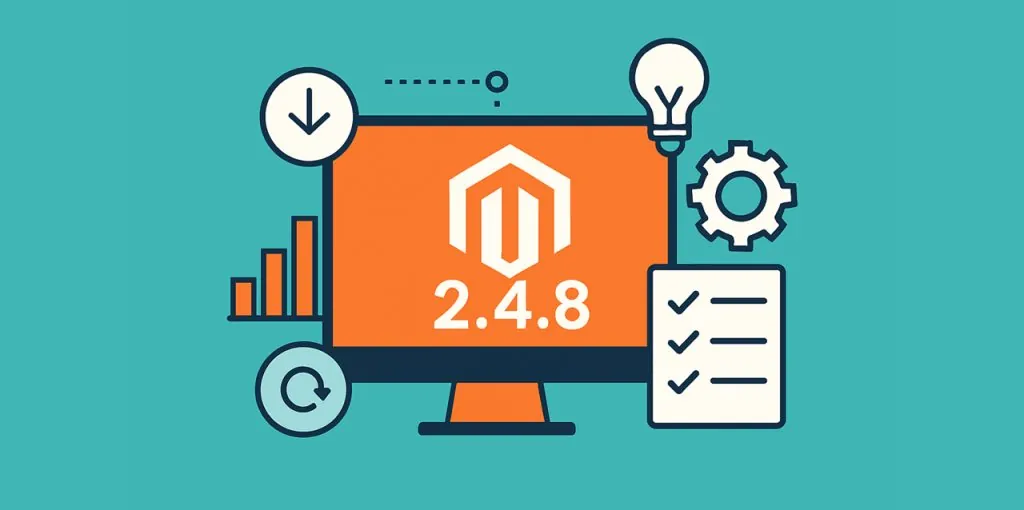 Digitales Banner im Flat-Design-Stil auf türkisfarbenem Hintergrund. Im Zentrum steht ein orangefarbener Monitor mit dem weißen Magento-Logo und der Versionsnummer „2.4.8“. Um den Bildschirm sind stilisierte Icons angeordnet, darunter ein Zahnrad, eine Glühbirne, ein Balkendiagramm, ein Kreispfeil und eine Checkliste. Alle grafischen Elemente sind klar konturiert und kontrastreich.