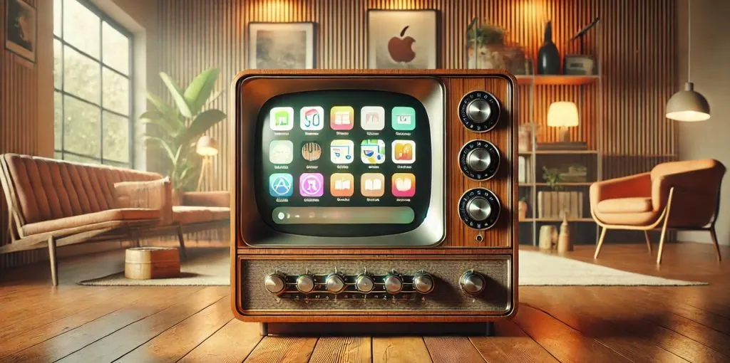 Ein alter Röhrenfernseher aus Holz steht zentral in einem warm eingerichteten Wohnzimmer im Mid-Century-Stil. Auf seinem gebogenen Bildschirm ist eine moderne App-Oberfläche zu sehen. Rechts am Gerät befinden sich große silberne Drehknöpfe, unten eine Reihe kleiner Regler. Der Raum wirkt gemütlich: ein braunes Ledersofa, ein einzelner Sessel, Zimmerpflanzen, warmes Licht, Holzlamellen an der Wand und dekorative Regale bilden den Hintergrund.