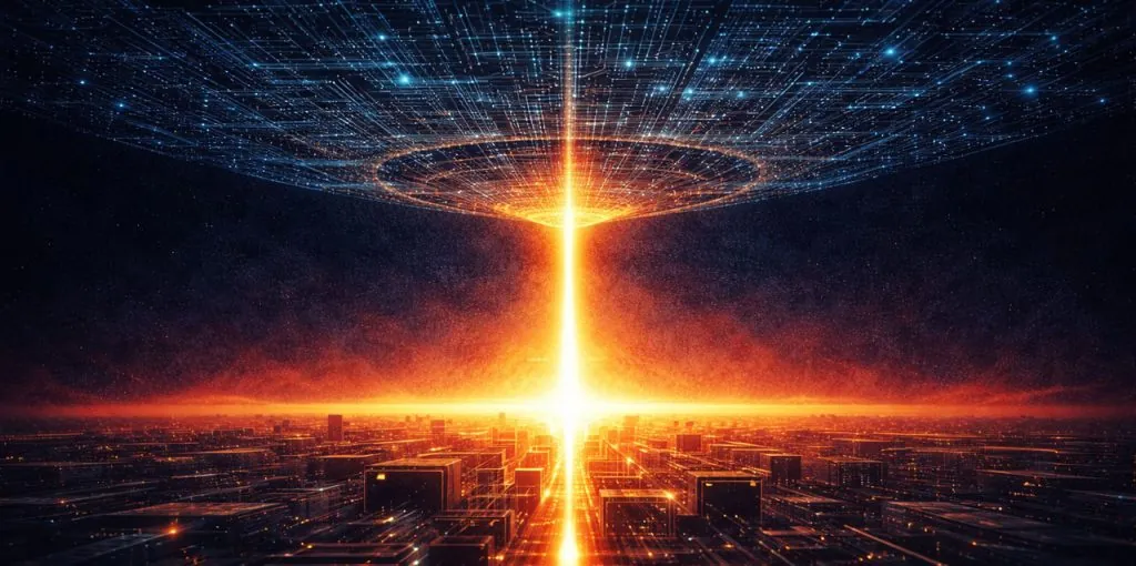 Das Bild zeigt eine nächtliche, futuristische Stadtlandschaft aus der Vogelperspektive. Die Gebäude wirken wie digitale Blöcke oder Serverstrukturen, durchzogen von leuchtenden Linien, die an Datenströme erinnern. Über der Stadt schwebt ein gewaltiges, kreisförmiges Raumschiff. Von seiner Mitte aus fällt ein intensiver, orange-weiß leuchtender Lichtstrahl senkrecht auf die Erde. Der Himmel ist dunkelblau bis schwarz und von einem digitalen Raster durchzogen, das wie ein Netzwerk oder eine unsichtbare Infrastruktur wirkt. Die Szene erinnert stark an die ikonische Angriffsszene aus dem Film „Independence Day“. Im Kontext des Artikels steht das Bild sinnbildlich für digitale Fremdbestimmung, zentrale Machtstrukturen und die Frage nach technologischer Souveränität – passend zum Thema „Digital Independence Day“.