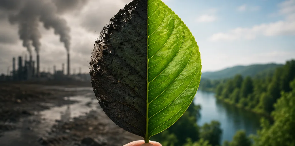 Eine Hand hält ein Blatt, dessen linke Hälfte vor rauchenden Industrieschloten verdorrt und dessen rechte Hälfte vor grüner Flusslandschaft frisch ist.