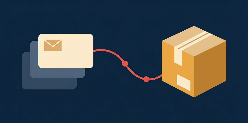 Illustration: Ein Newsletter in einem Postfach, verbunden durch eine Linie mit einem Paket