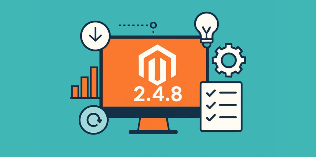 Digitales Banner im Flat-Design-Stil auf türkisfarbenem Hintergrund. Im Zentrum steht ein orangefarbener Monitor mit dem weißen Magento-Logo und der Versionsnummer „2.4.8“. Um den Bildschirm sind stilisierte Icons angeordnet, darunter ein Zahnrad, eine Glühbirne, ein Balkendiagramm, ein Kreispfeil und eine Checkliste. Alle grafischen Elemente sind klar konturiert und kontrastreich.