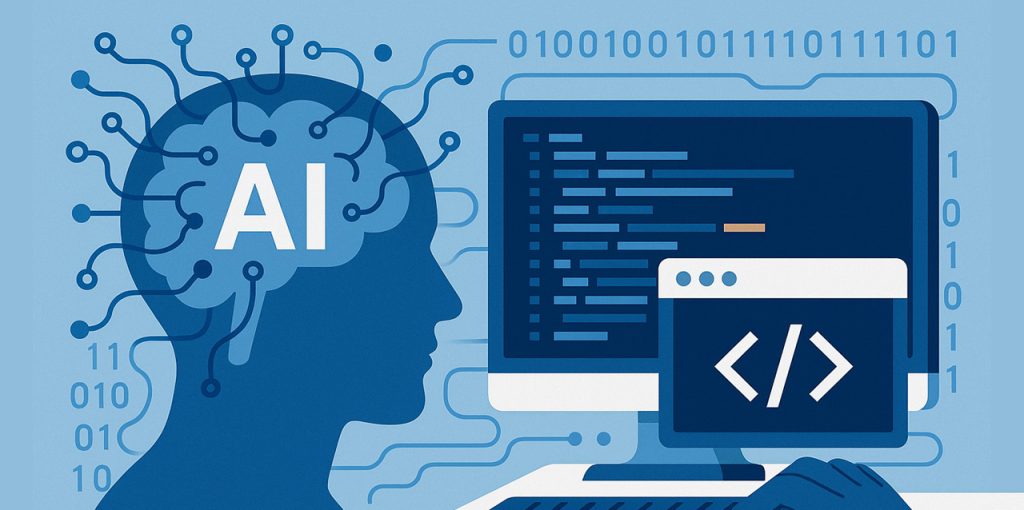 Eine stilisierte Grafik zeigt den Umriss eines menschlichen Kopfes mit dem Schriftzug „AI“ im Gehirnbereich. Von dort verlaufen abstrakte Linien, die neuronale Verbindungen darstellen. Rechts daneben ist ein Computerbildschirm mit Codezeilen dargestellt, davor ein Fenster-Symbol mit Programmier-Symbol „</>“. Im Hintergrund sind binäre Zahlenfolgen eingeblendet, die eine digitale Atmosphäre schaffen. Die Illustration symbolisiert den Einsatz von künstlicher Intelligenz in der Softwareentwicklung.
