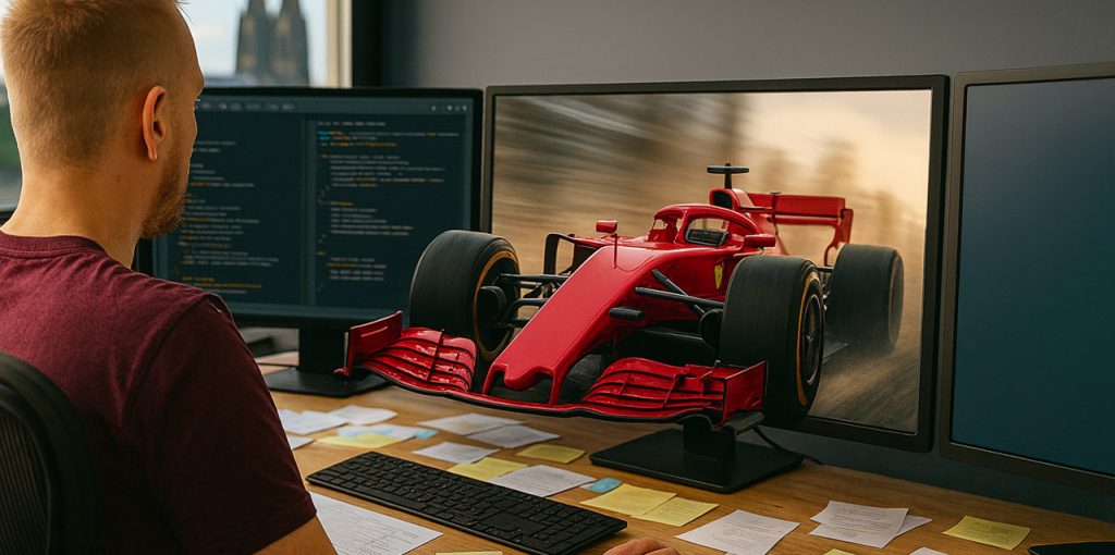 Ein Mann mit kurz geschnittenem Haar und roten T-Shirt sitzt an einem Schreibtisch und arbeitet an zwei Monitoren. Auf dem linken Bildschirm ist Programmcode zu sehen, auf dem rechten Bildschirm erscheint ein rotes Formel-1-Auto, das scheinbar aus dem Monitor herausfährt. Der Eindruck entsteht, als würde das Auto in 3D direkt in den Raum hineinragen. Auf dem Schreibtisch liegen eine Tastatur, eine Maus sowie zahlreiche Zettel und Notizen. Im Hintergrund ist durch das Fenster schemenhaft der Kölner Dom zu erkennen.