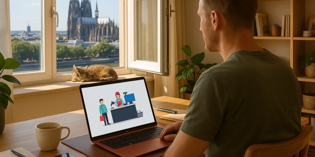 Ein Mann sitzt an einem Schreibtisch und arbeitet an einem Laptop. Auf dem Bildschirm ist eine grafische Illustration zu sehen: Eine Person steht mit Einkaufstasche an einer Ladenkasse, bedient von einer weiteren Person in roter Uniform mit Scanner. Neben der Kasse steht ein Computerbildschirm. Auf der Fensterbank vor dem Mann liegt eine schlafende Katze. Durch das geöffnete Fenster fällt Tageslicht ins Zimmer und im Hintergrund ist der Kölner Dom zu sehen. Auf dem Schreibtisch stehen eine Tasse Kaffee, ein Smartphone, ein Notizblock und ein Stift.