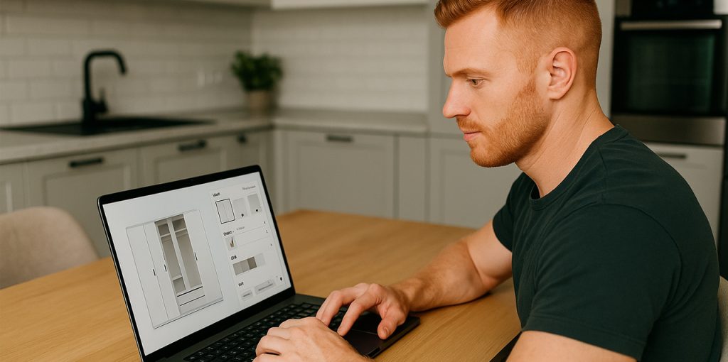 Ein rothaariger Mann um die 40 sitzt in einer modernen Küche am Tisch und arbeitet an einem Laptop. Auf dem Bildschirm ist eine Produktkonfiguration für einen Schrank zu sehen. Die Szene wirkt ruhig, hell und natürlich beleuchtet.