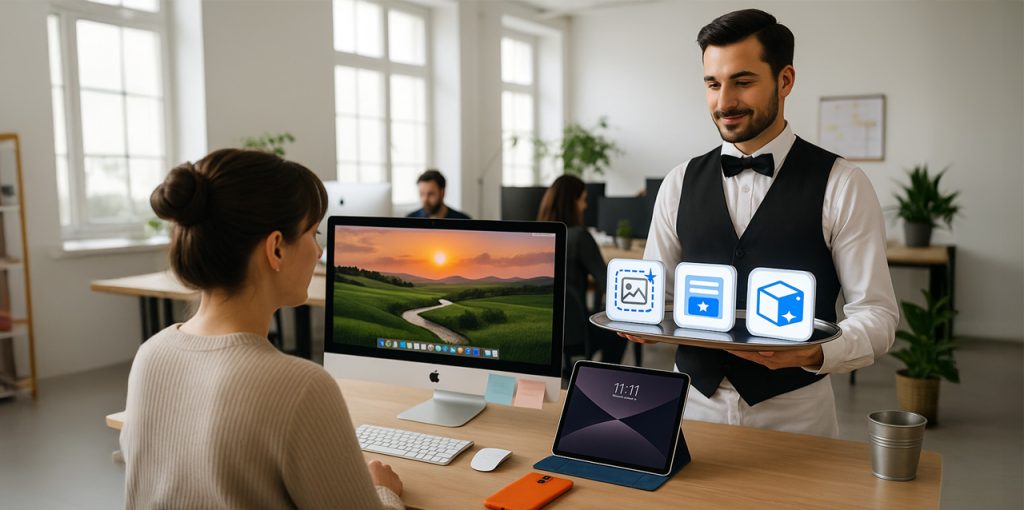 In einem modernen, hellen Büro sitzt eine Frau an einem Schreibtisch vor einem Computer mit einem großen Bildschirm, auf dem eine Landschaft mit Sonnenuntergang zu sehen ist. Auf dem Tisch liegen eine Tastatur, eine Maus, ein Tablet und ein iPhone 17 Pro in einem orangefarbenen Case. Ein Mann in eleganter Servicekleidung – weißes Hemd, schwarze Weste und Fliege – steht vor ihr und hält ein silbernes Tablett mit drei leuchtenden Icons, die grafisch für digitale Dienstleistungen stehen: ein Bildsymbol, ein Textsymbol und ein Würfelsymbol. Diese Icons repräsentieren die Shopware Services, die symbolisch wie ein Service-Angebot präsentiert werden. Im Hintergrund arbeiten weitere Personen an ihren Schreibtischen.