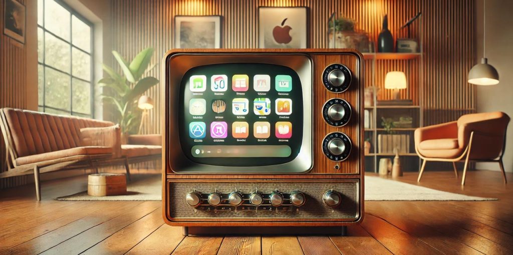 Ein alter Röhrenfernseher aus Holz steht zentral in einem warm eingerichteten Wohnzimmer im Mid-Century-Stil. Auf seinem gebogenen Bildschirm ist eine moderne App-Oberfläche zu sehen. Rechts am Gerät befinden sich große silberne Drehknöpfe, unten eine Reihe kleiner Regler. Der Raum wirkt gemütlich: ein braunes Ledersofa, ein einzelner Sessel, Zimmerpflanzen, warmes Licht, Holzlamellen an der Wand und dekorative Regale bilden den Hintergrund.