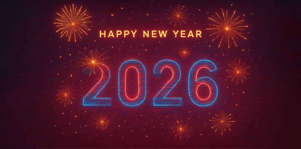 Auf dem Bild ist ein dunkler Hintergrund zu sehen, vor dem mehrere gelb-orange Feuerwerkskörper explodieren. In der Mitte steht in großen, leuchtenden blau-roten Ziffern die Jahreszahl 2026. Darüber befindet sich der Schriftzug „Happy New Year“ in gelb-orange leuchtenden Großbuchstaben. Die Funken und Lichtspuren des Feuerwerks verteilen sich gleichmäßig im gesamten Bild und erzeugen einen festlichen, glühenden Effekt.