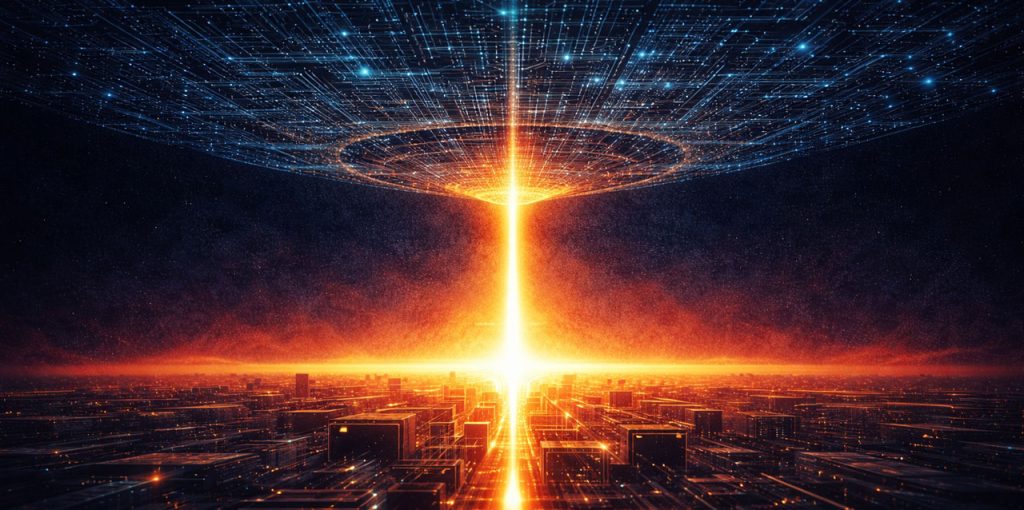 Das Bild zeigt eine nächtliche, futuristische Stadtlandschaft aus der Vogelperspektive. Die Gebäude wirken wie digitale Blöcke oder Serverstrukturen, durchzogen von leuchtenden Linien, die an Datenströme erinnern. Über der Stadt schwebt ein gewaltiges, kreisförmiges Raumschiff. Von seiner Mitte aus fällt ein intensiver, orange-weiß leuchtender Lichtstrahl senkrecht auf die Erde. Der Himmel ist dunkelblau bis schwarz und von einem digitalen Raster durchzogen, das wie ein Netzwerk oder eine unsichtbare Infrastruktur wirkt. Die Szene erinnert stark an die ikonische Angriffsszene aus dem Film „Independence Day“. Im Kontext des Artikels steht das Bild sinnbildlich für digitale Fremdbestimmung, zentrale Machtstrukturen und die Frage nach technologischer Souveränität – passend zum Thema „Digital Independence Day“.