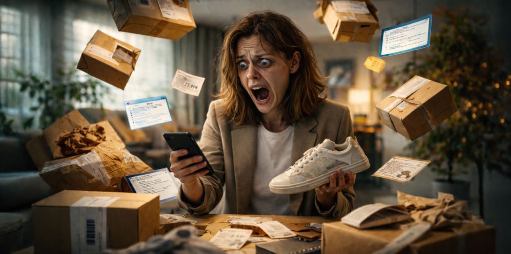 Eine Frau Mitte dreißig sitzt an einem Tisch, der mit Versandkartons, Verpackungspapier und Rechnungen übersät ist. In ihrer rechten Hand hält sie ein Smartphone, auf das sie mit weit aufgerissenen Augen und offenem Mund starrt. Ihr Gesichtsausdruck wirkt überdreht und schockiert, als sei sie von einer Flut neuer Bestellungen überrascht worden. In der anderen Hand hält sie einen Sneaker. Um sie herum schweben weitere Pakete, Preisschilder und digitale Bestellbestätigungen in der Luft, als würden immer mehr Einkäufe automatisch ausgelöst. Die Szene wirkt bewusst überzeichnet und symbolisiert einen außer Kontrolle geratenen automatisierten Einkauf durch künstliche Intelligenz.
