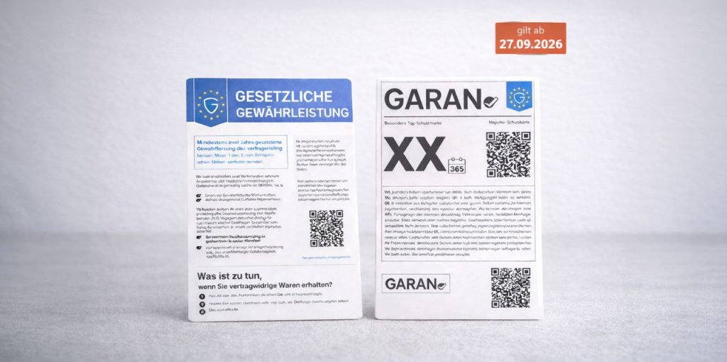 Zwei Informationskarten zu gesetzlicher Gewährleistung und Garantie stehen nebeneinander vor neutralem Hintergrund; oben rechts im Bild befindet sich ein orangefarbener Hinweissticker „gilt ab 27.09.2026“.